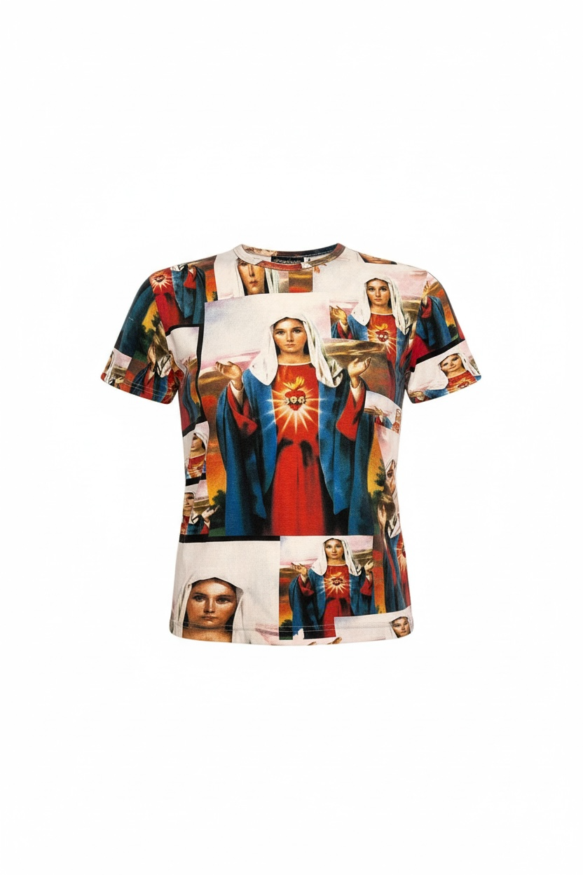 VTG Y2K Cowboy & Angels shirt Virgin Mary Pop Art RARE