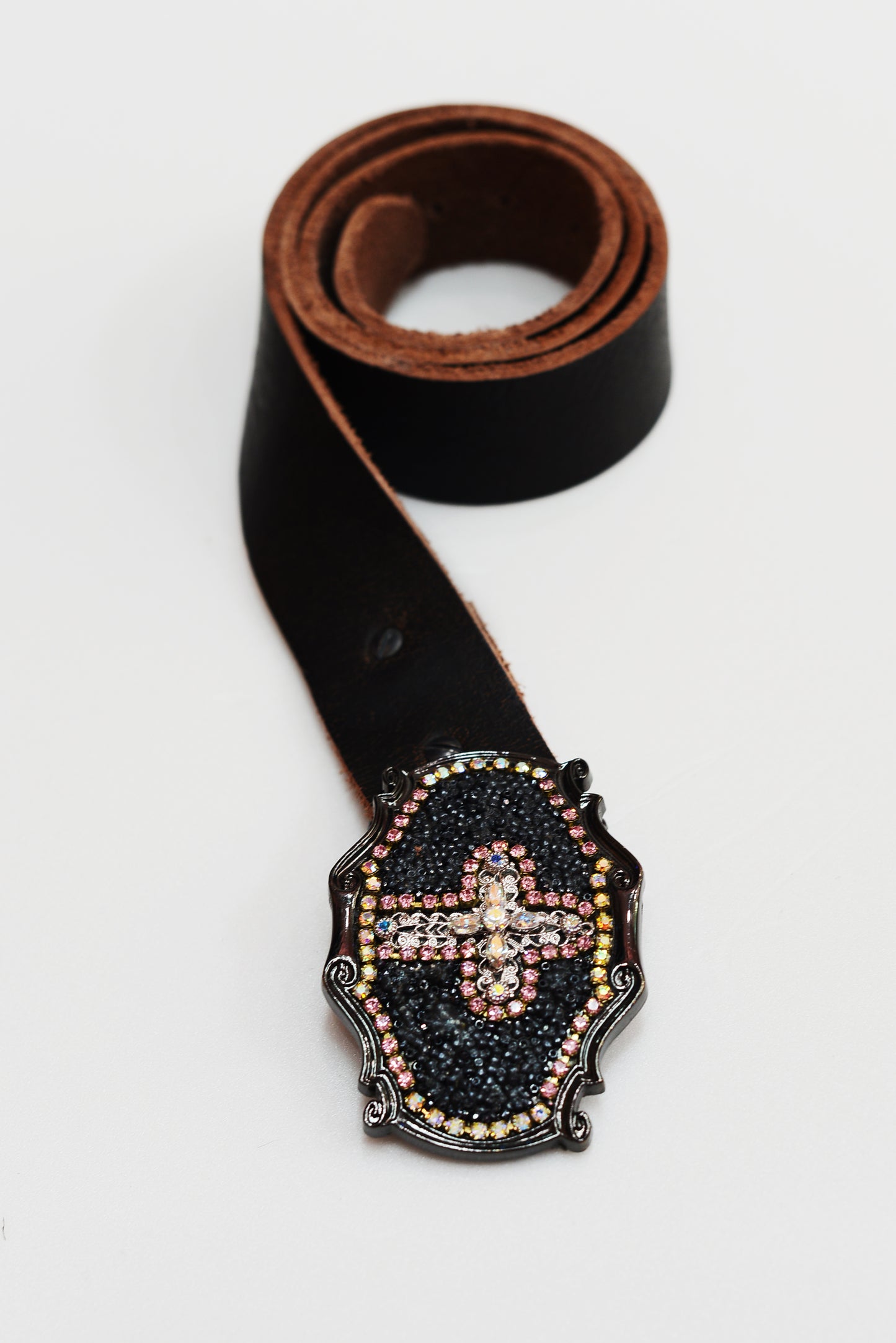 Vintage leather belt with rhinestone buckle
