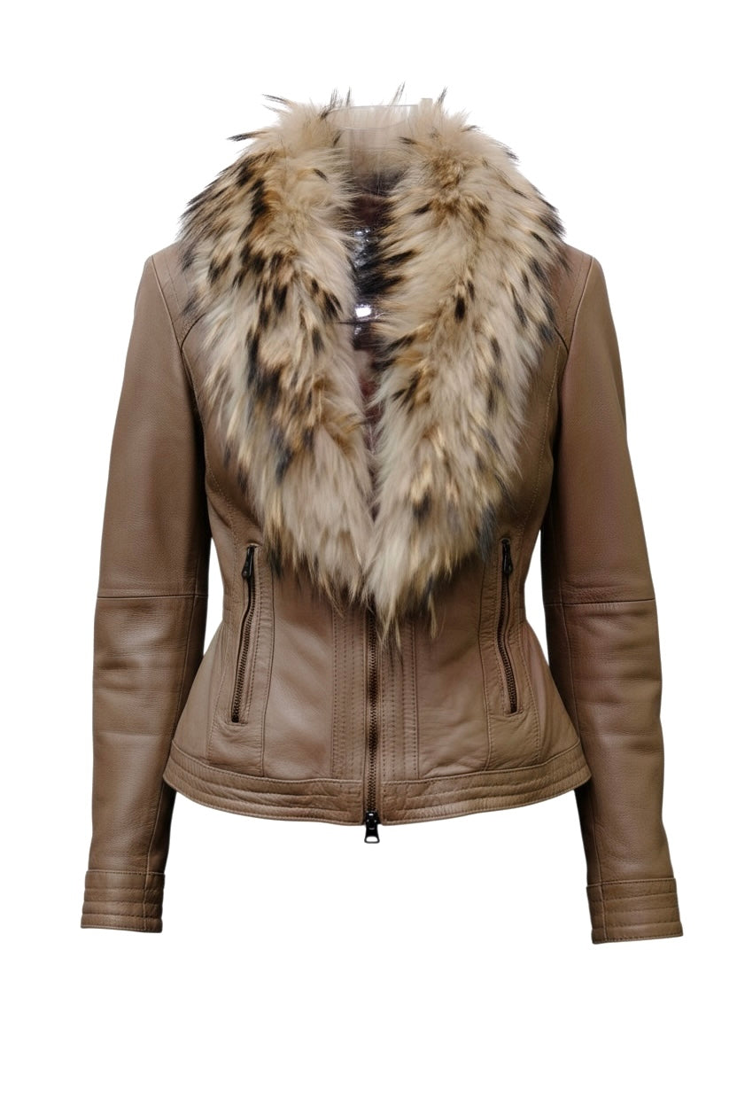 Leather jacket with Fox Fur collar in size Small