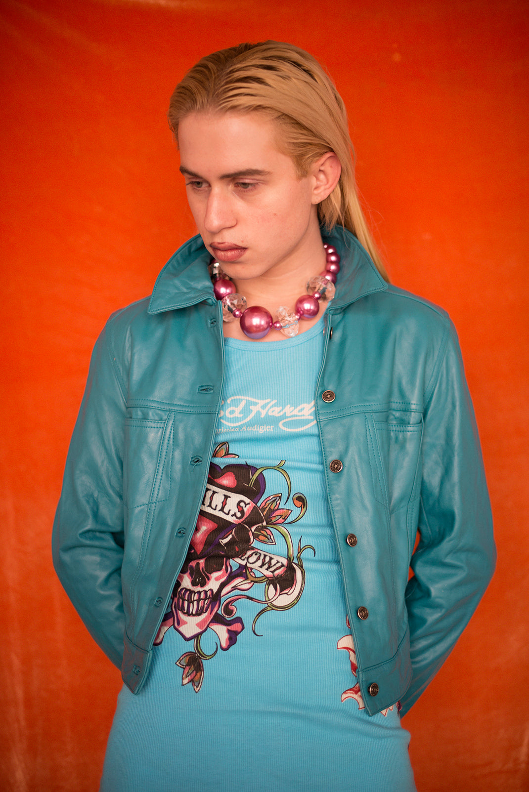 turquoise leather jacket