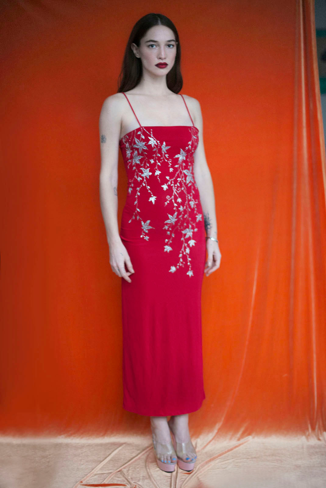 RED SPAGHETTI STRIPE DRESS