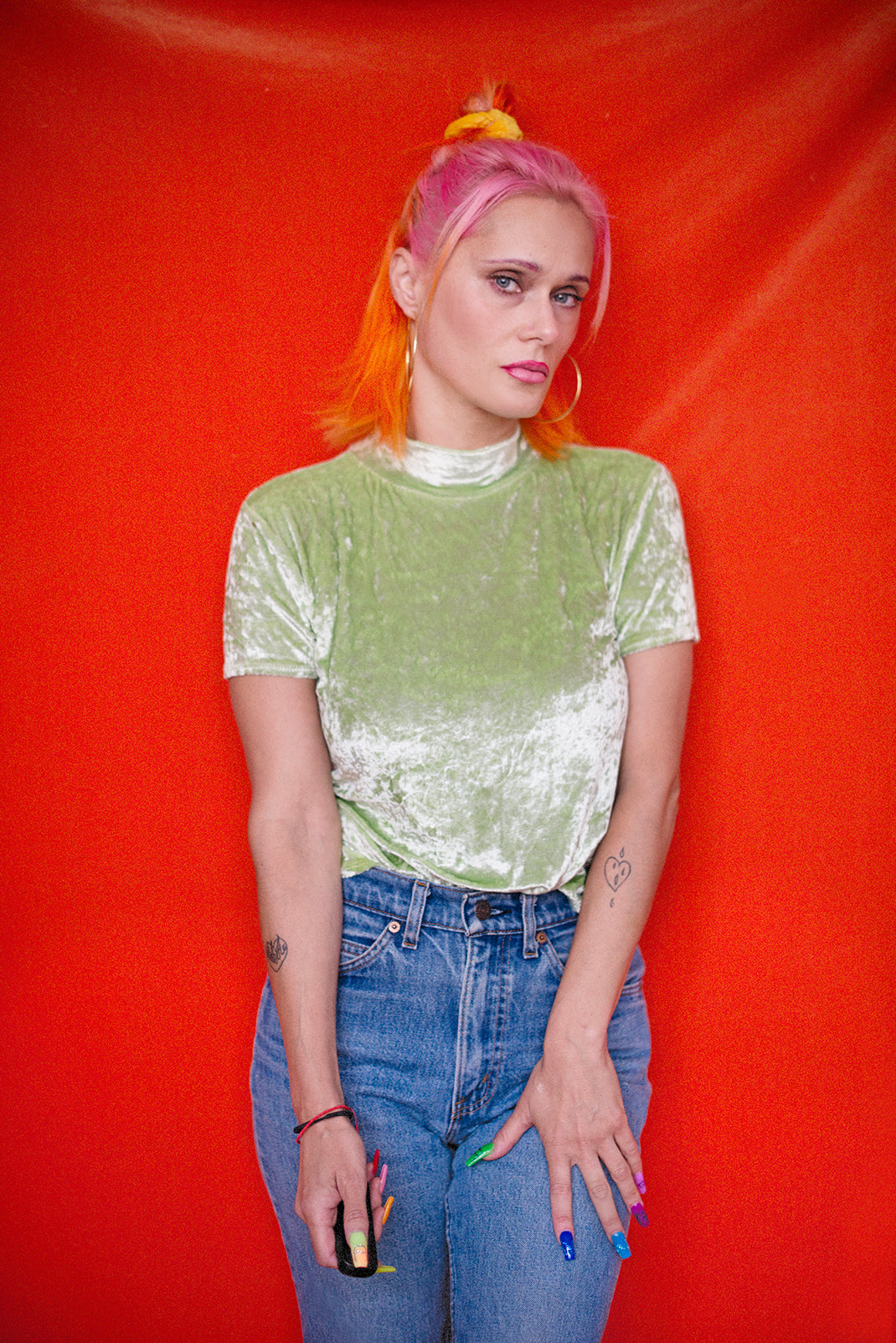 Crushed velvet vintage apple green top