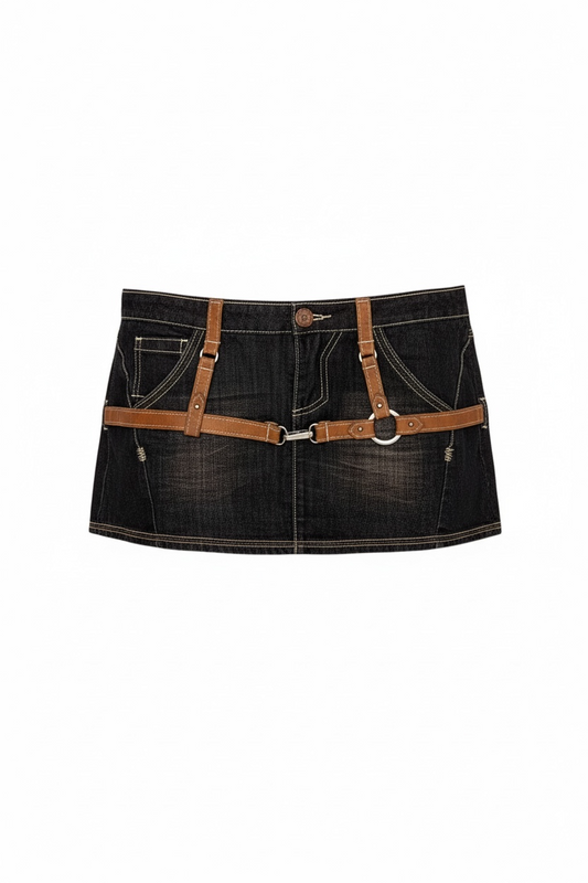 Euro denim skirt with leather harness