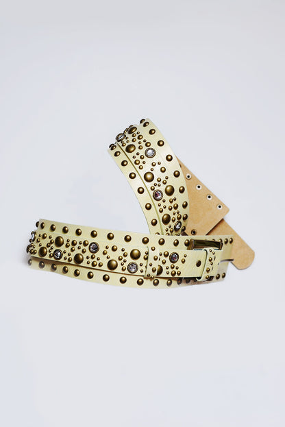 Vintage pale yellow studded leather belt