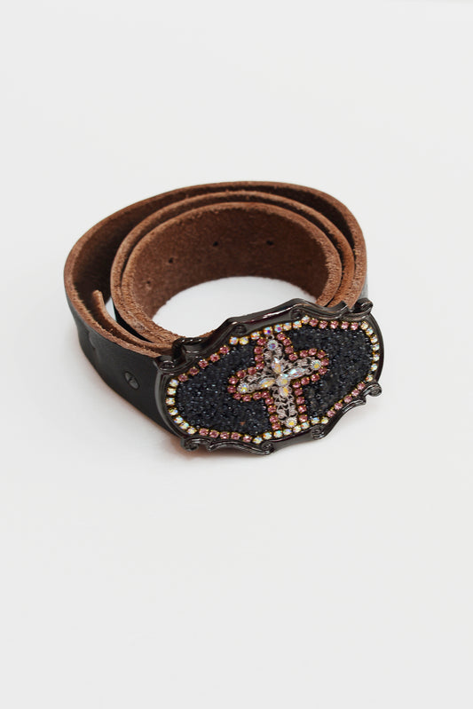 Vintage leather belt with rhinestone buckle