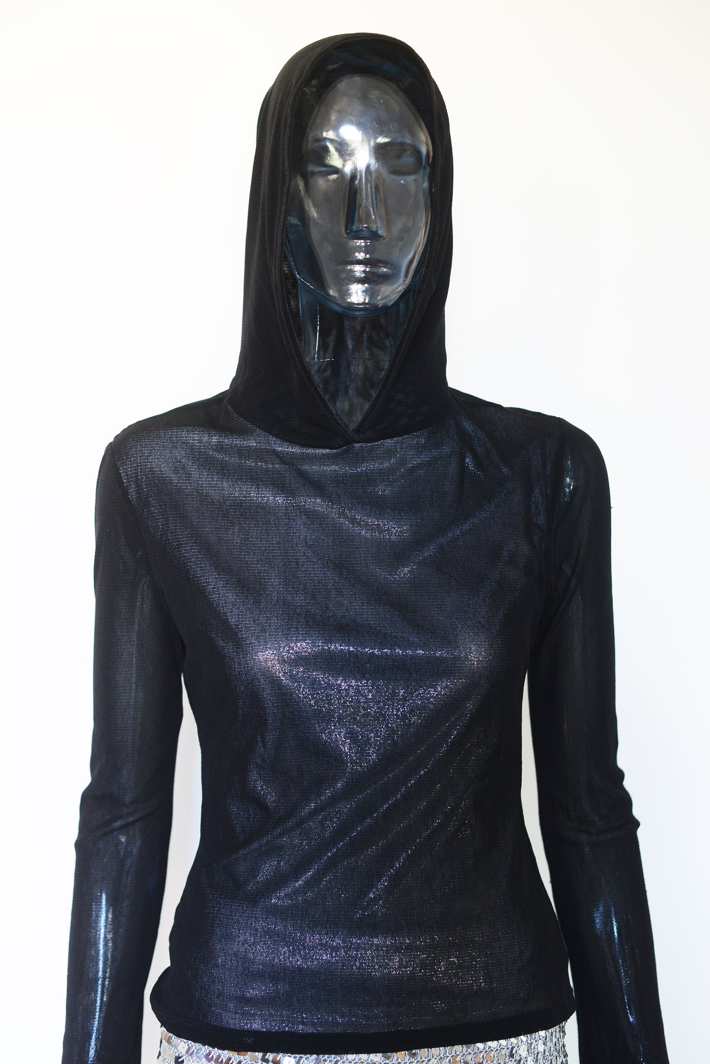 BEBE metalic mesh top with hoodie in size: Small