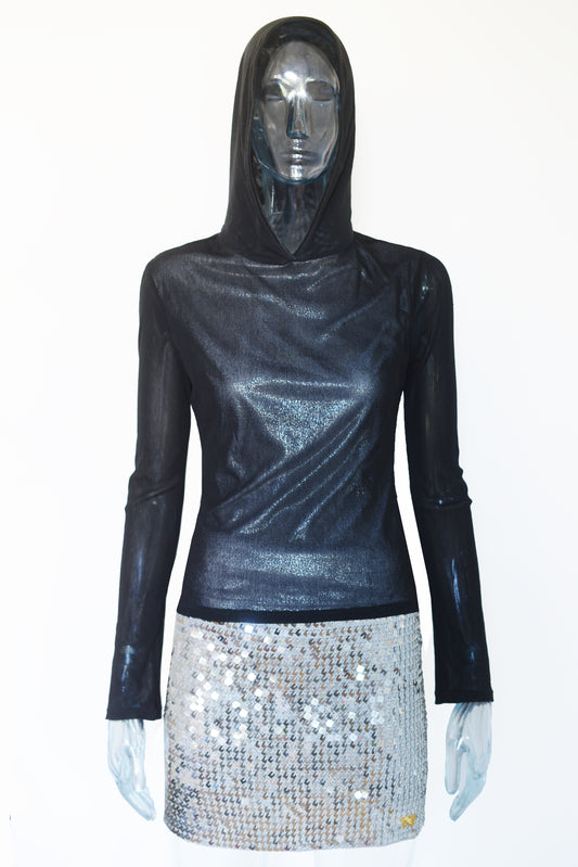 BEBE metalic mesh top with hoodie in size: Small