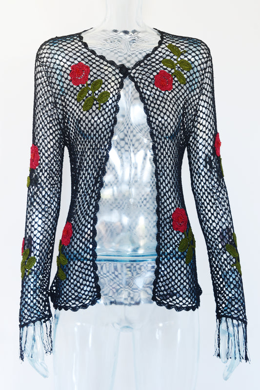 Vintage crochet top with roses MEDIUM