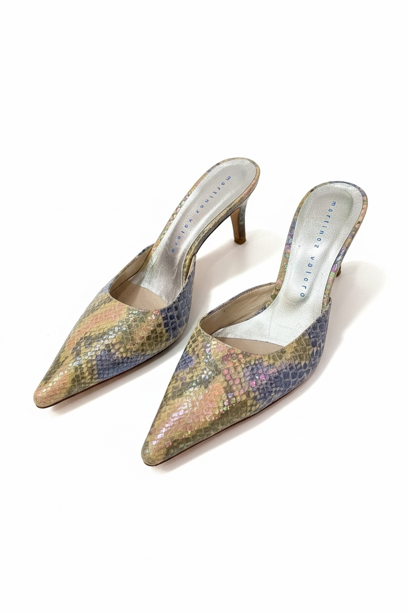 Snake skin kitten heels mules