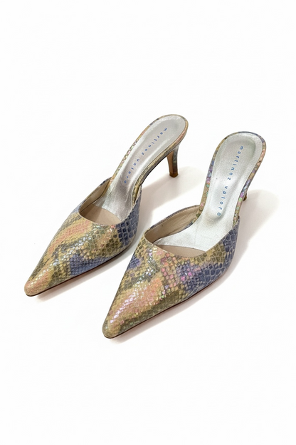 Snake skin kitten heels mules