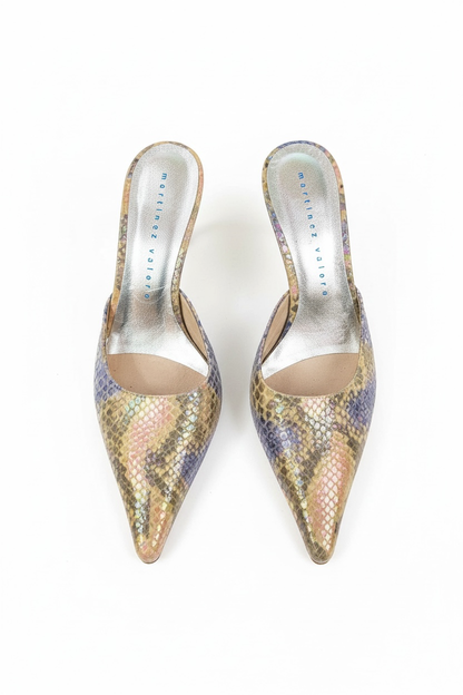 Snake skin kitten heels mules