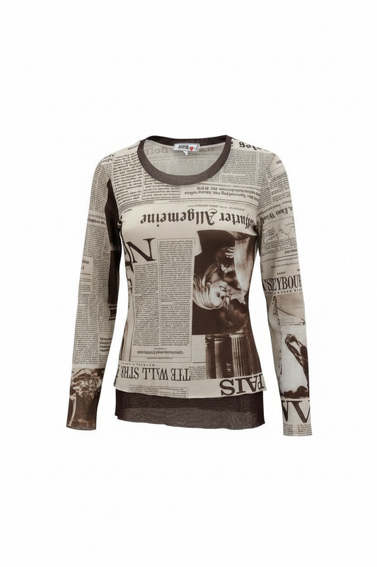 Y2K Newspaper print mesh top in size M