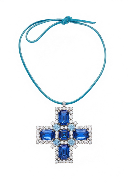 Vintage blue rhinestone cross on leather string