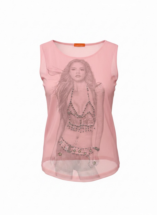 French Y2K transparent top with cool chick in Size: S/M