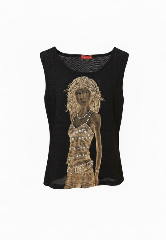 FRENCH Y2K mesh top with graphic in size: M