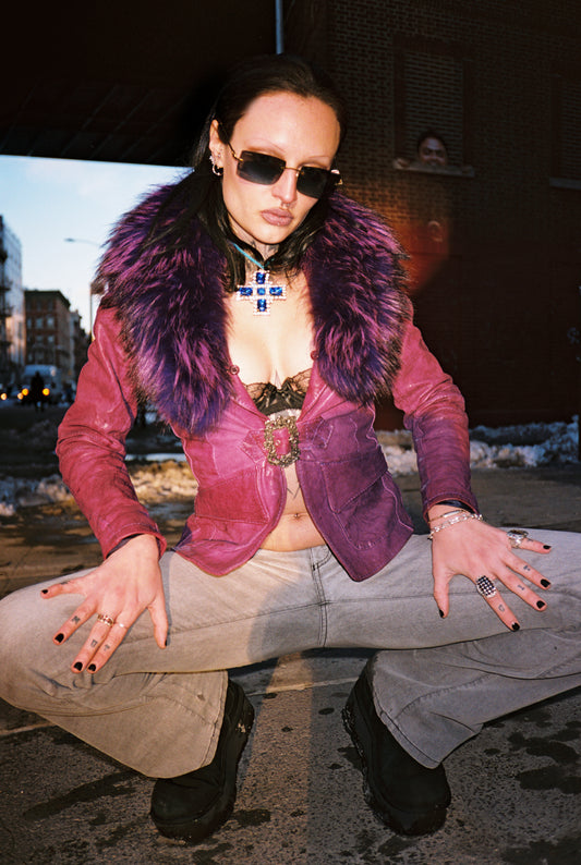 Italian leather jacket with genuine fox collar in size XS