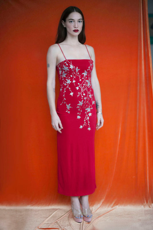 RED SPAGHETTI STRIPE DRESS