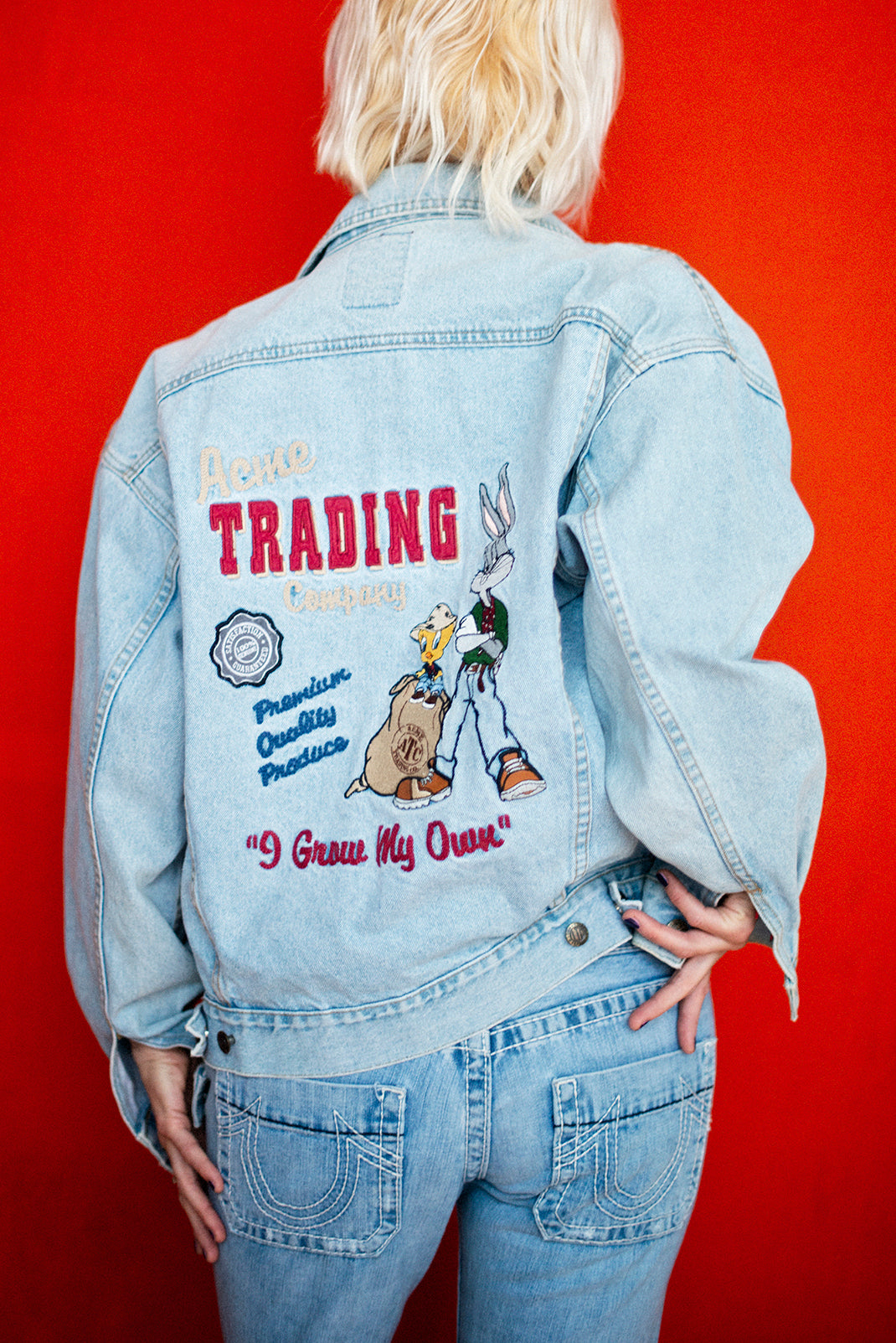 Vtg 90's Looney Tunes Denim Jean Jacket Embroidered Women XL Bugs Taz  Tweety | eBay